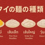 タイの麺の種類を示したイラスト図。バミー、センレック、センヤイ、ウンセンの4種類を紹介。